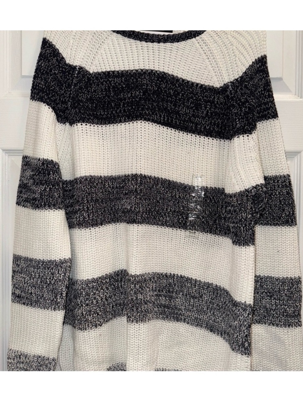 Men's Crew Neck Striped Knit Sweater in Cream and Black